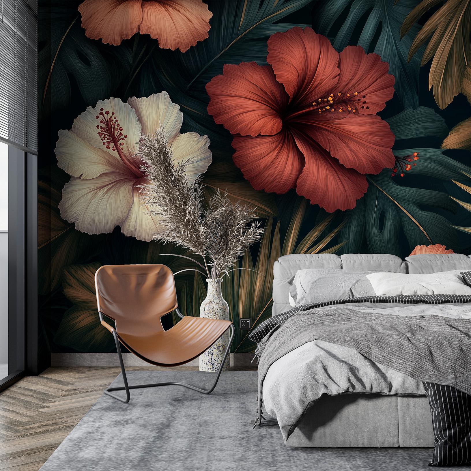 Vintage Hibiscus Dark Jungle Floral Wallpaper – room setting, Golden Era Walls