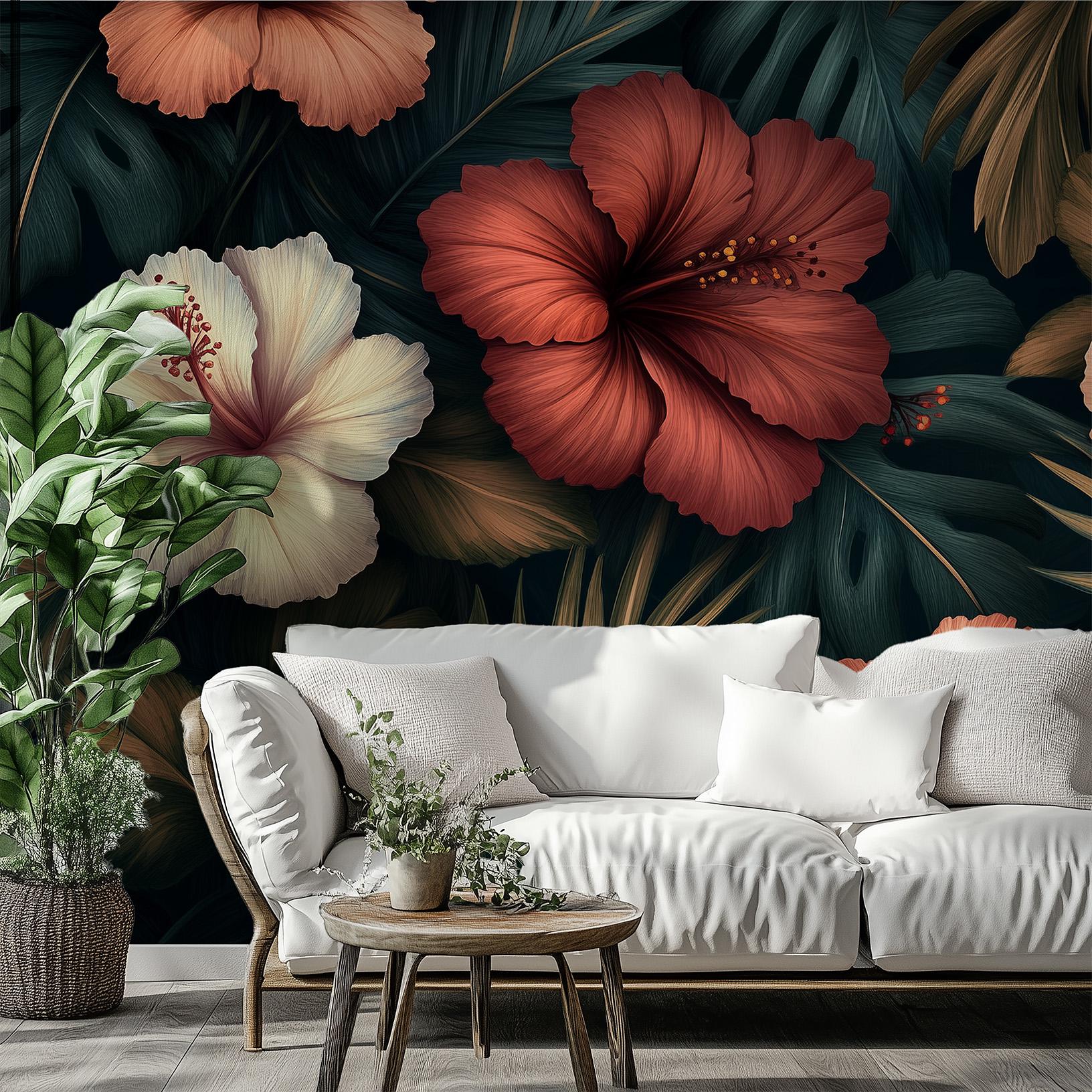Vintage Hibiscus Dark Jungle Floral Wallpaper – lifestyle view, Golden Era Walls