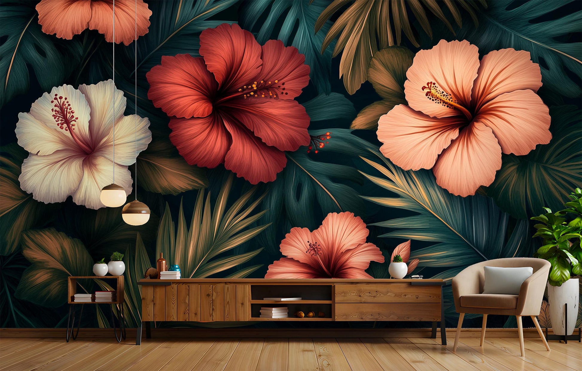 Vintage Hibiscus Dark Jungle Floral Wallpaper – detail view, Golden Era Walls