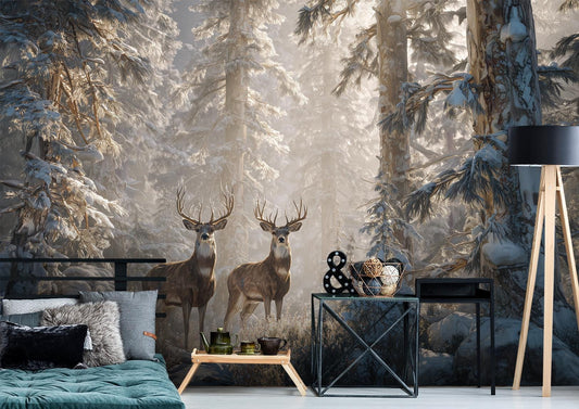 Winter Deer Forest Woodland Coastal Wallpaper – detail view, Golden Era Walls