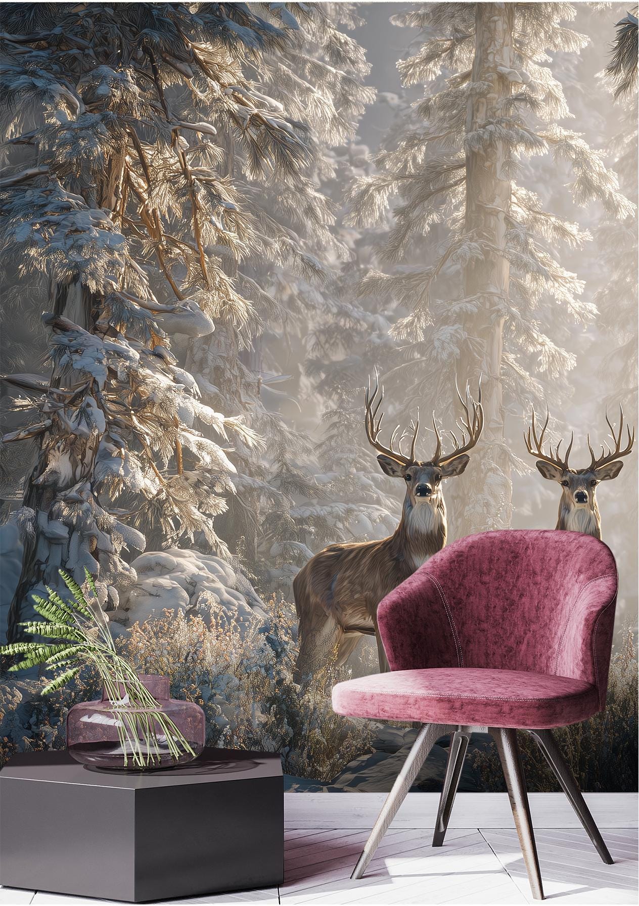 Winter Deer Forest Woodland Coastal Wallpaper – peel and stick wallpaper mural, Golden Era Walls