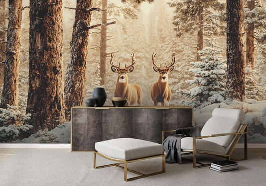 Winter Deer Forest Snowy Coastal Wallpaper – peel and stick wallpaper mural, Golden Era Walls