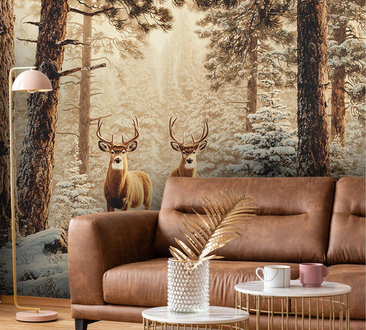 Winter Deer Forest Snowy Coastal Wallpaper – lifestyle view, Golden Era Walls