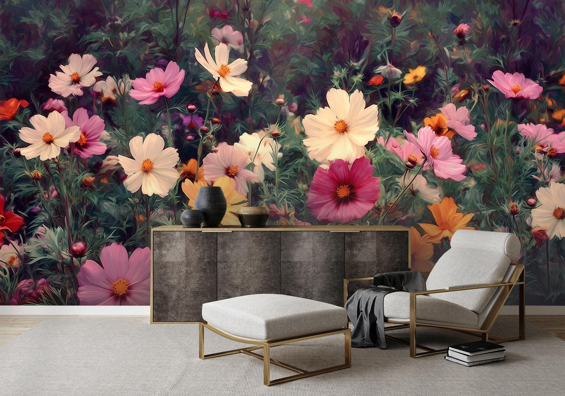 Wildflower Meadow Colorful Cosmos Floral Wallpaper – detail view, Golden Era Walls