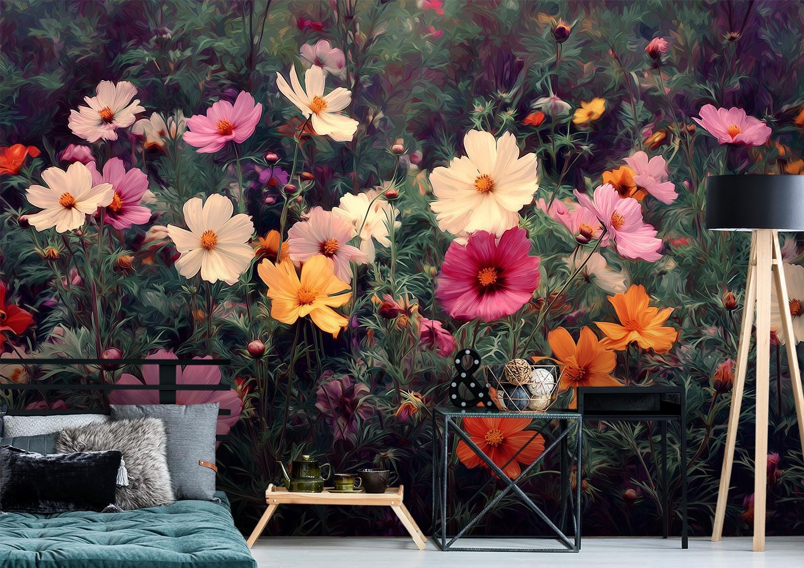 Wildflower Meadow Colorful Cosmos Floral Wallpaper – peel and stick wallpaper mural, Golden Era Walls