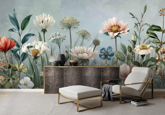 Wildflower Garden Renter Friendly Floral Wallpaper – room setting, Golden Era Walls