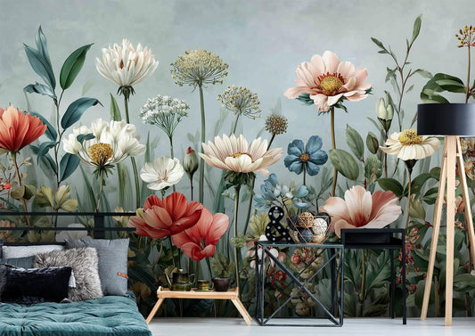 Wildflower Garden Renter Friendly Floral Wallpaper – peel and stick wallpaper mural, Golden Era Walls