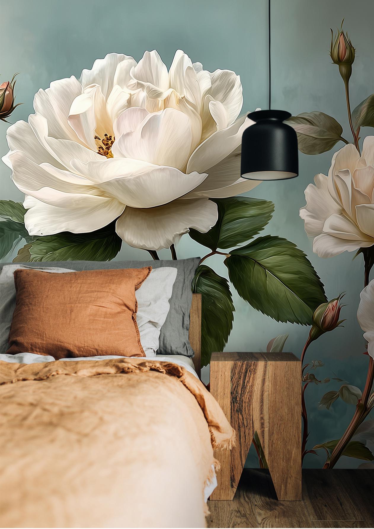 White Rose Romantic Garden Floral Wallpaper – room setting, Golden Era Walls