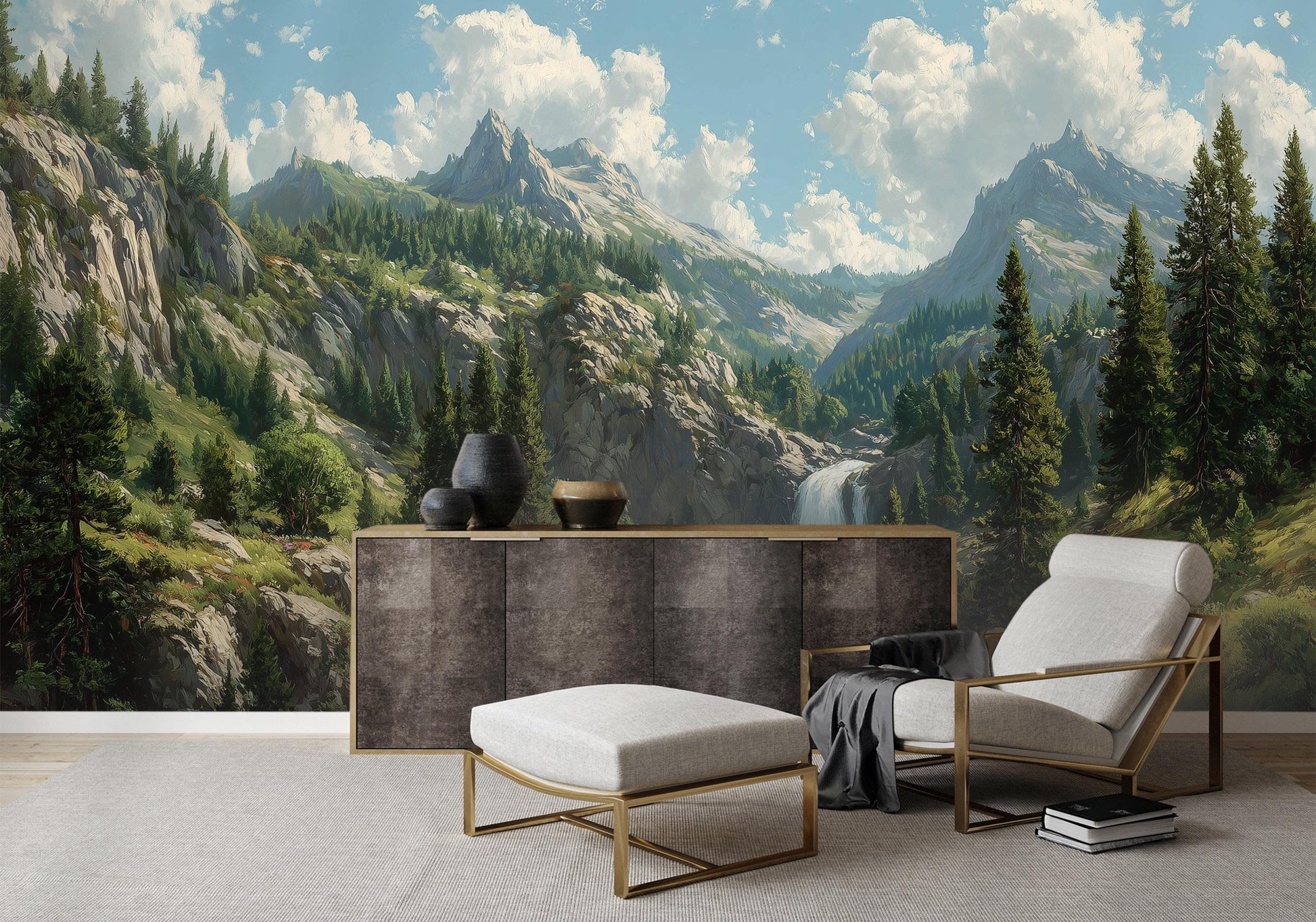 Waterfall Mountain River Pine Coastal Wallpaper – lifestyle view, Golden Era Walls