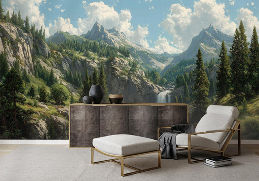 Waterfall Mountain River Pine Coastal Wallpaper – lifestyle view, Golden Era Walls