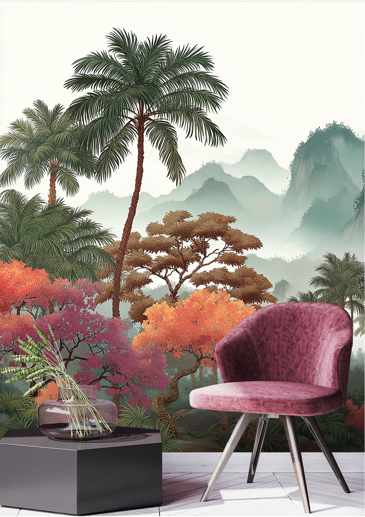 Watercolor Woodland Pine Tree Wallpaper – lifestyle view, Golden Era Walls
