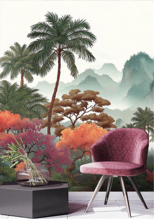Watercolor Woodland Pine Tree Wallpaper – lifestyle view, Golden Era Walls
