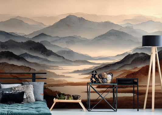 Watercolor Mountain Minimal Landscape Wallpaper – peel and stick wallpaper mural, Golden Era Walls