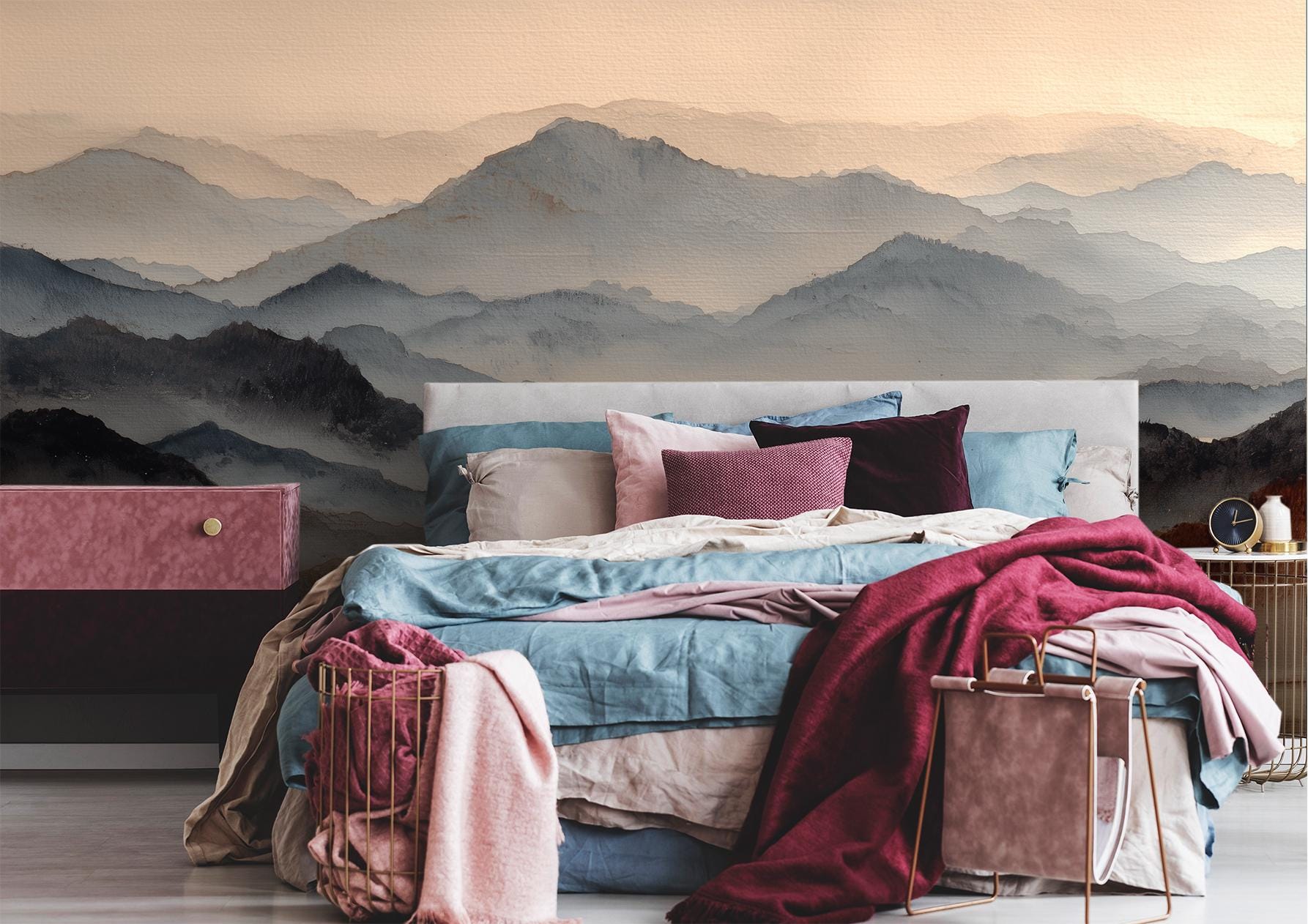 Watercolor Mountain Minimal Landscape Wallpaper – scale reference, Golden Era Walls