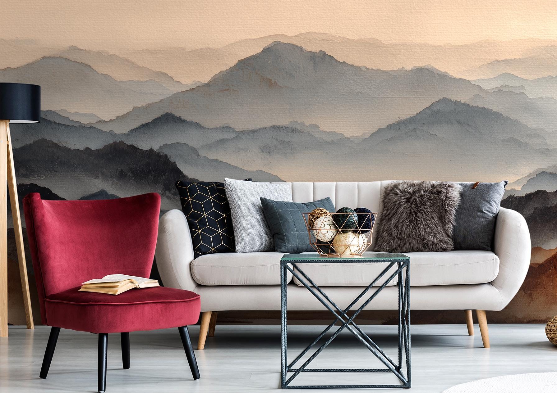 Watercolor Mountain Minimal Landscape Wallpaper – lifestyle view, Golden Era Walls