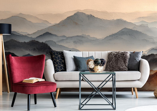 Watercolor Mountain Minimal Landscape Wallpaper – lifestyle view, Golden Era Walls