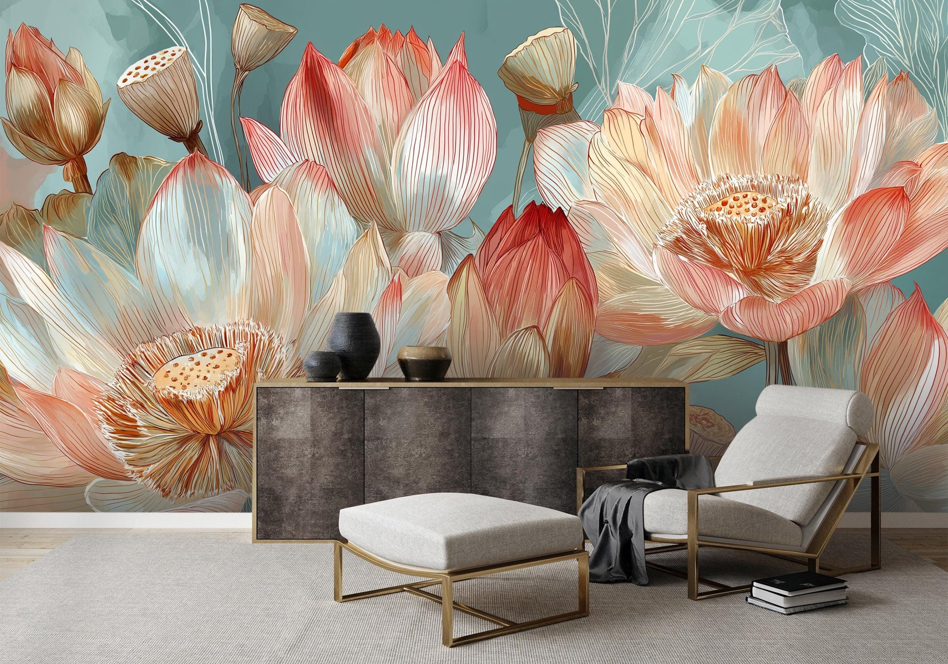 Watercolor Lotus Botanical Floral Floral Wallpaper – lifestyle view, Golden Era Walls