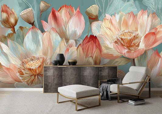 Watercolor Lotus Botanical Floral Floral Wallpaper – lifestyle view, Golden Era Walls