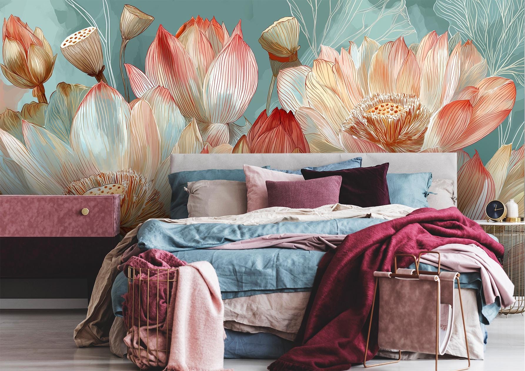 Watercolor Lotus Botanical Floral Floral Wallpaper – scale reference, Golden Era Walls