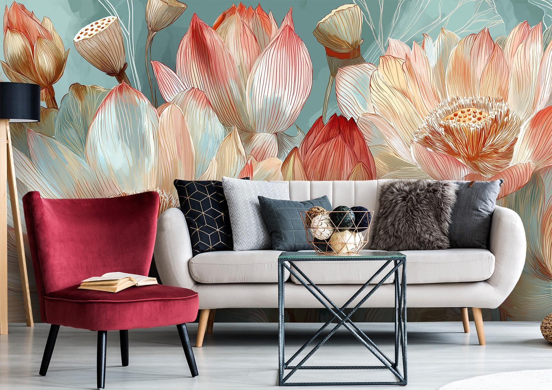 Watercolor Lotus Botanical Floral Floral Wallpaper – peel and stick wallpaper mural, Golden Era Walls