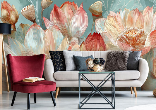 Watercolor Lotus Botanical Floral Floral Wallpaper – peel and stick wallpaper mural, Golden Era Walls