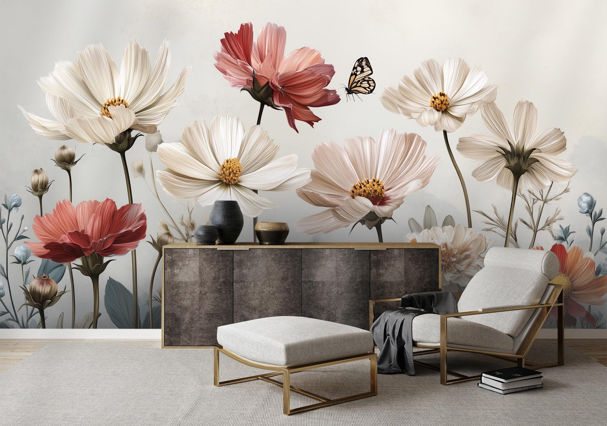 Watercolor Cosmos Wildflower Meadow Floral Wallpaper – peel and stick wallpaper mural, Golden Era Walls