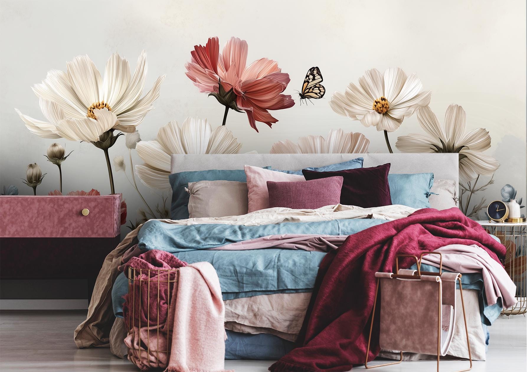 Watercolor Cosmos Wildflower Meadow Floral Wallpaper – scale reference, Golden Era Walls