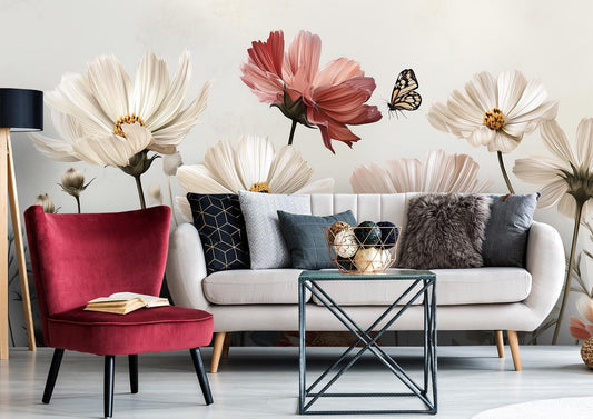 Watercolor Cosmos Wildflower Meadow Floral Wallpaper – lifestyle view, Golden Era Walls