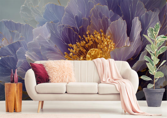 Violet Peony Flower Romantic Floral Wallpaper – lifestyle view, Golden Era Walls