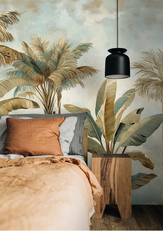 Vintage Tropical Palm Botanical Floral Wallpaper – lifestyle view, Golden Era Walls