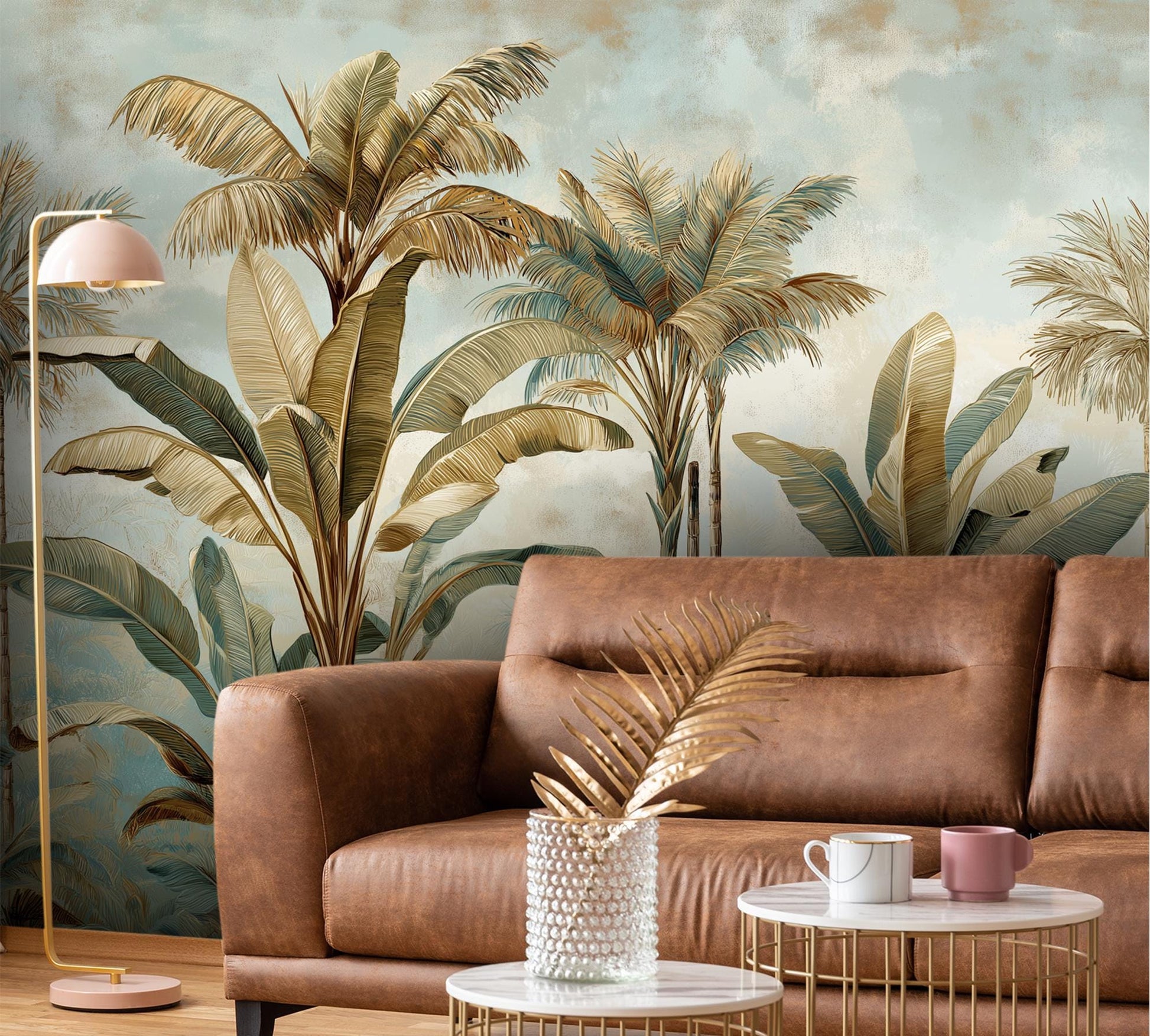 Vintage Tropical Palm Botanical Floral Wallpaper – scale reference, Golden Era Walls