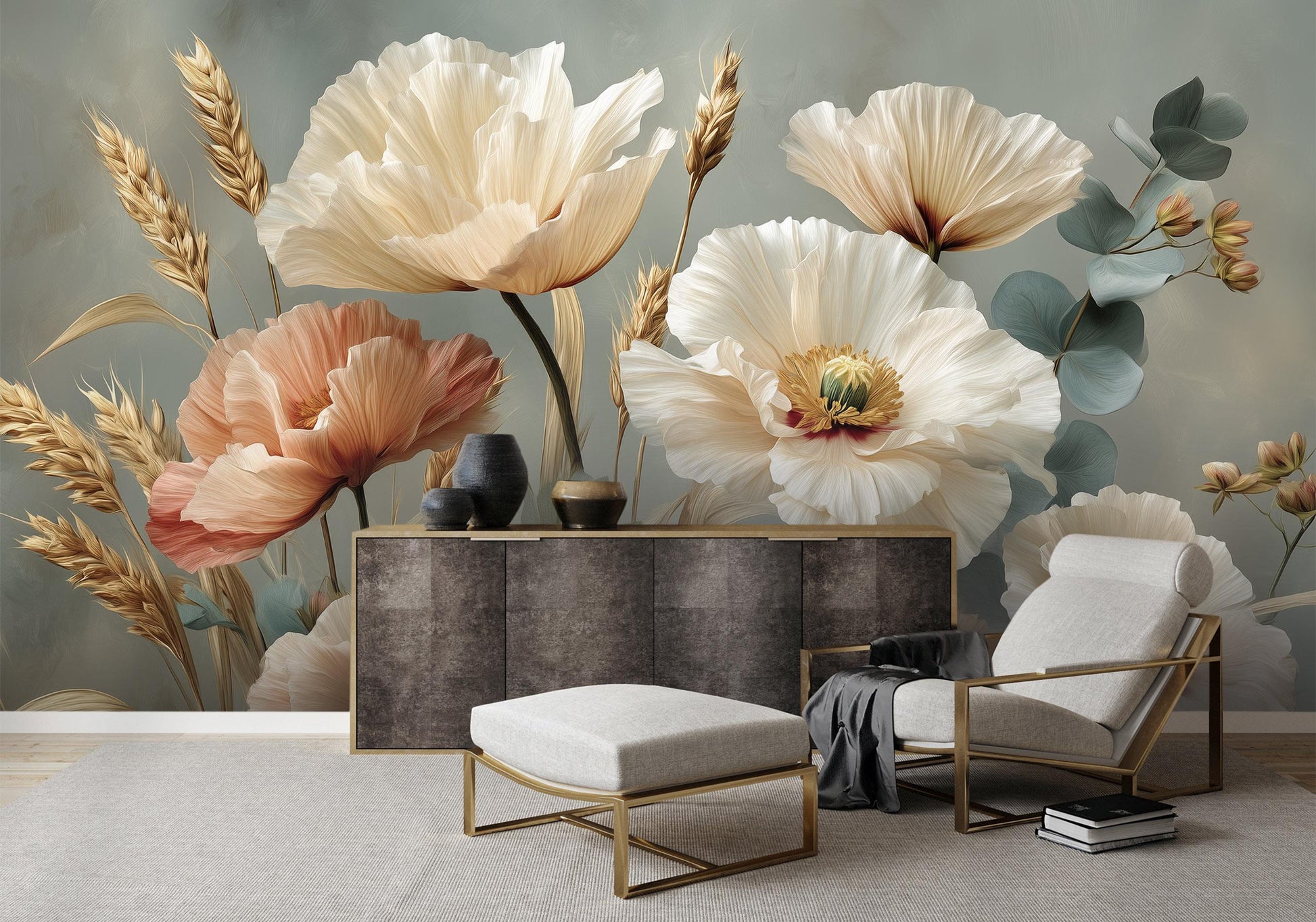 Vintage Poppy Floral Elegant Floral Wallpaper – lifestyle view, Golden Era Walls