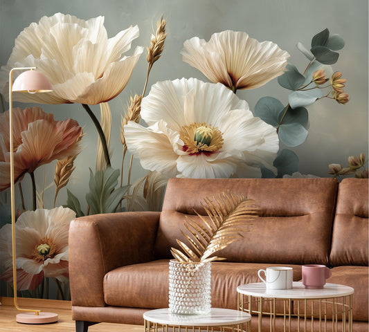 Vintage Poppy Floral Elegant Floral Wallpaper – detail view, Golden Era Walls