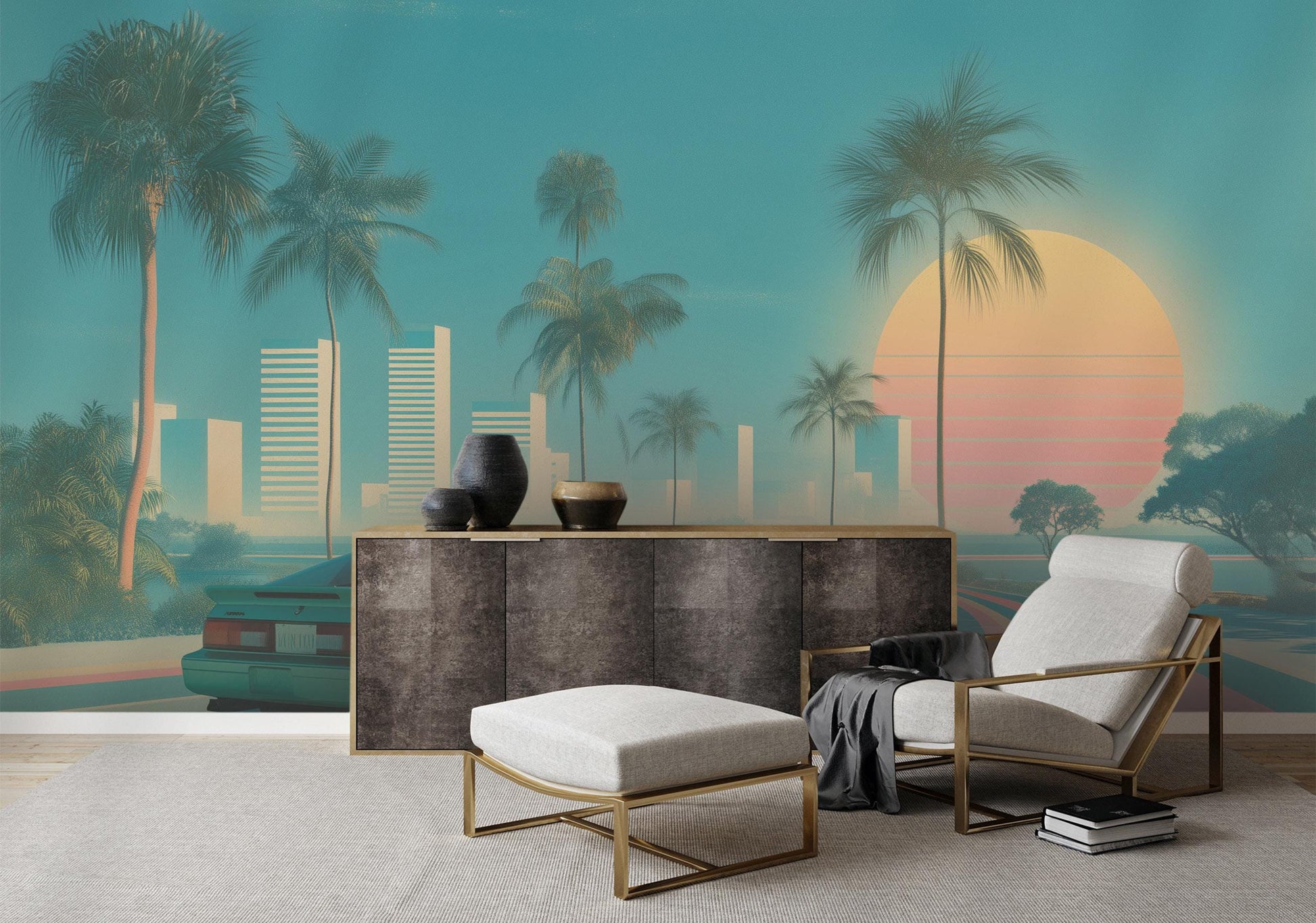 Vintage Miami Sunset Classic Geometric Wallpaper – detail view, Golden Era Walls