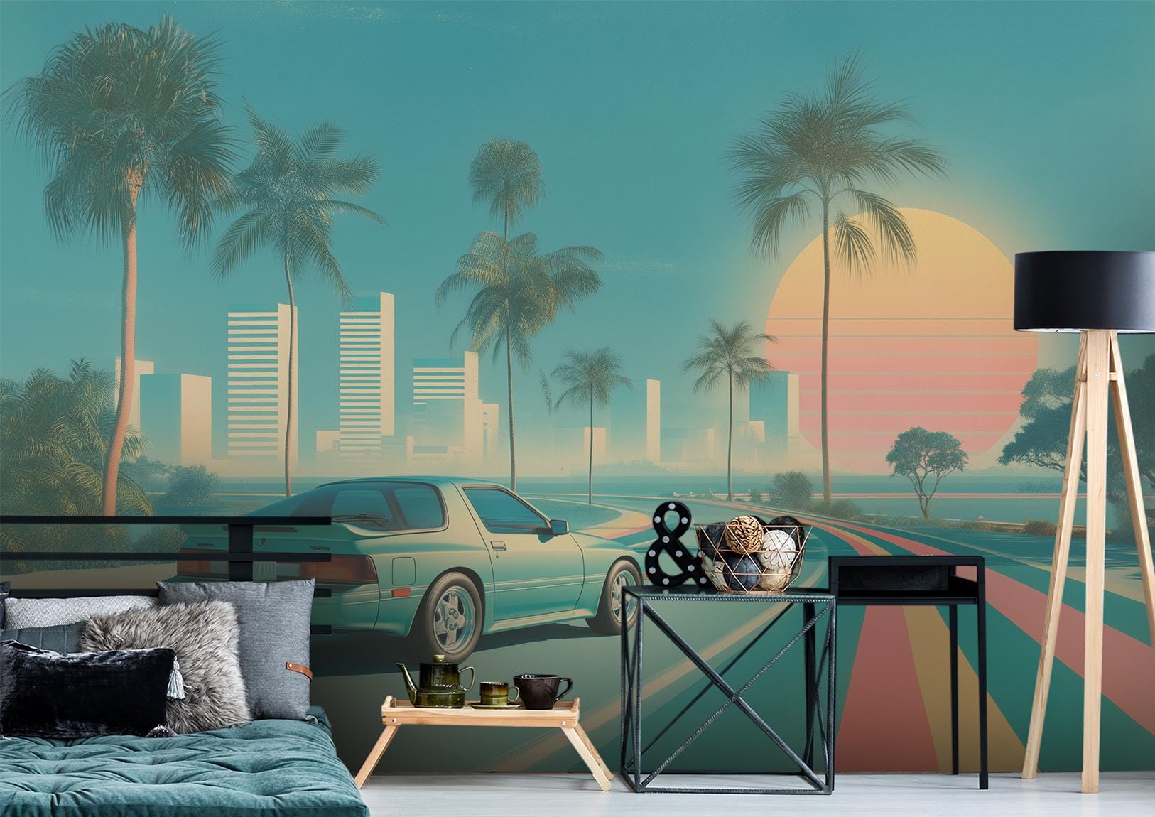 Vintage Miami Sunset Classic Geometric Wallpaper – scale reference, Golden Era Walls