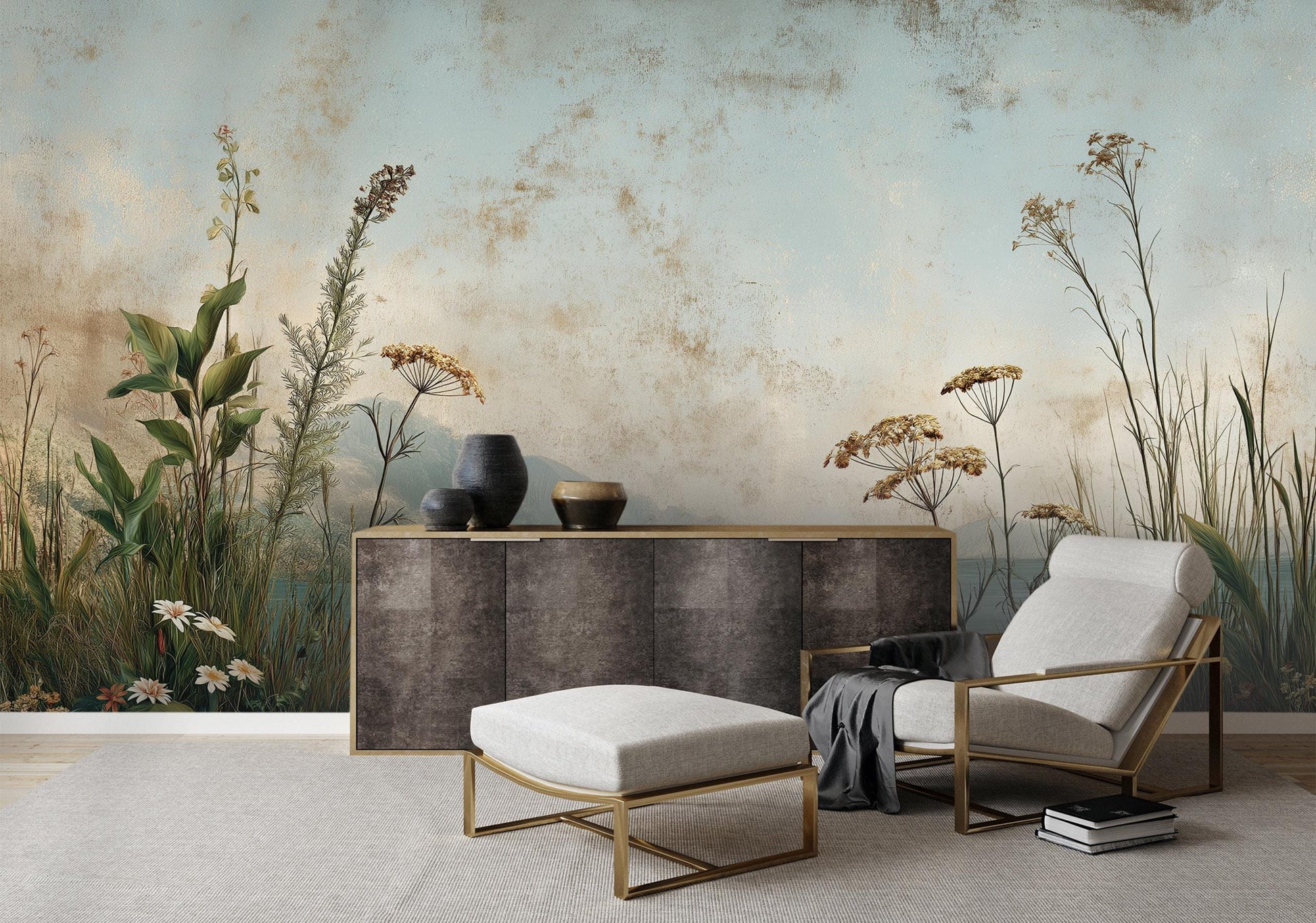 Vintage Landscape Fresco Style Floral Wallpaper – lifestyle view, Golden Era Walls