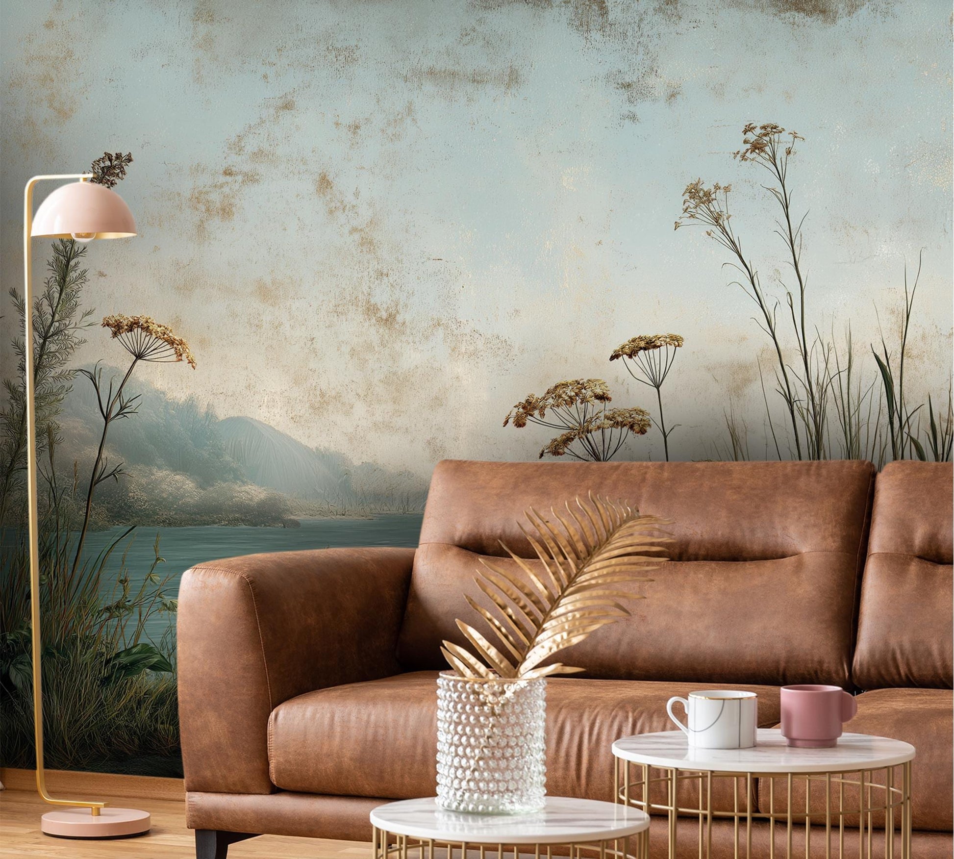 Vintage Landscape Fresco Style Floral Wallpaper – room setting, Golden Era Walls