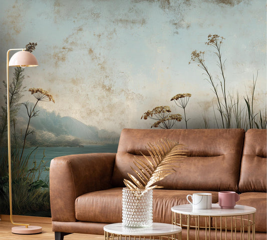 Vintage Landscape Fresco Style Floral Wallpaper – room setting, Golden Era Walls