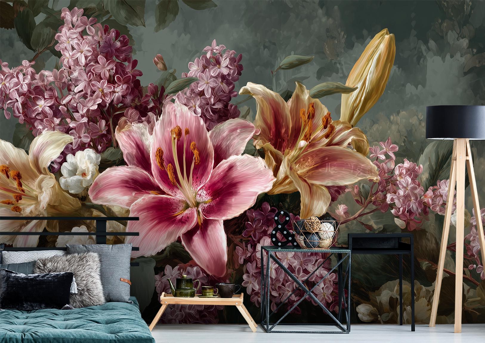 Vintage Floral Moody Botanical Floral Wallpaper – scale reference, Golden Era Walls