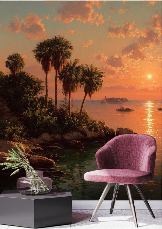 Tropical Sunset Ocean Beach Tropical Wallpaper – lifestyle view, Golden Era Walls
