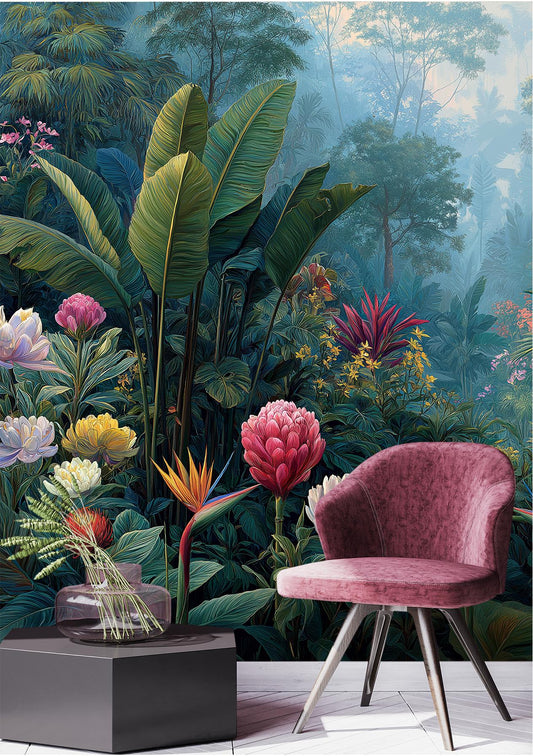 Tropical Rainforest Lush Banana Floral Wallpaper – peel and stick wallpaper mural, Golden Era Walls
