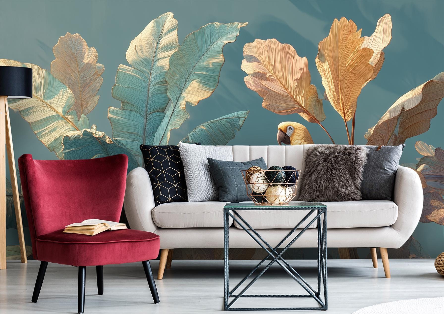Tropical Parrot Oversized Banana Floral Wallpaper – lifestyle view, Golden Era Walls