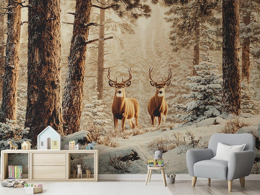Winter Deer Forest Snowy Coastal Wallpaper – room setting, Golden Era Walls