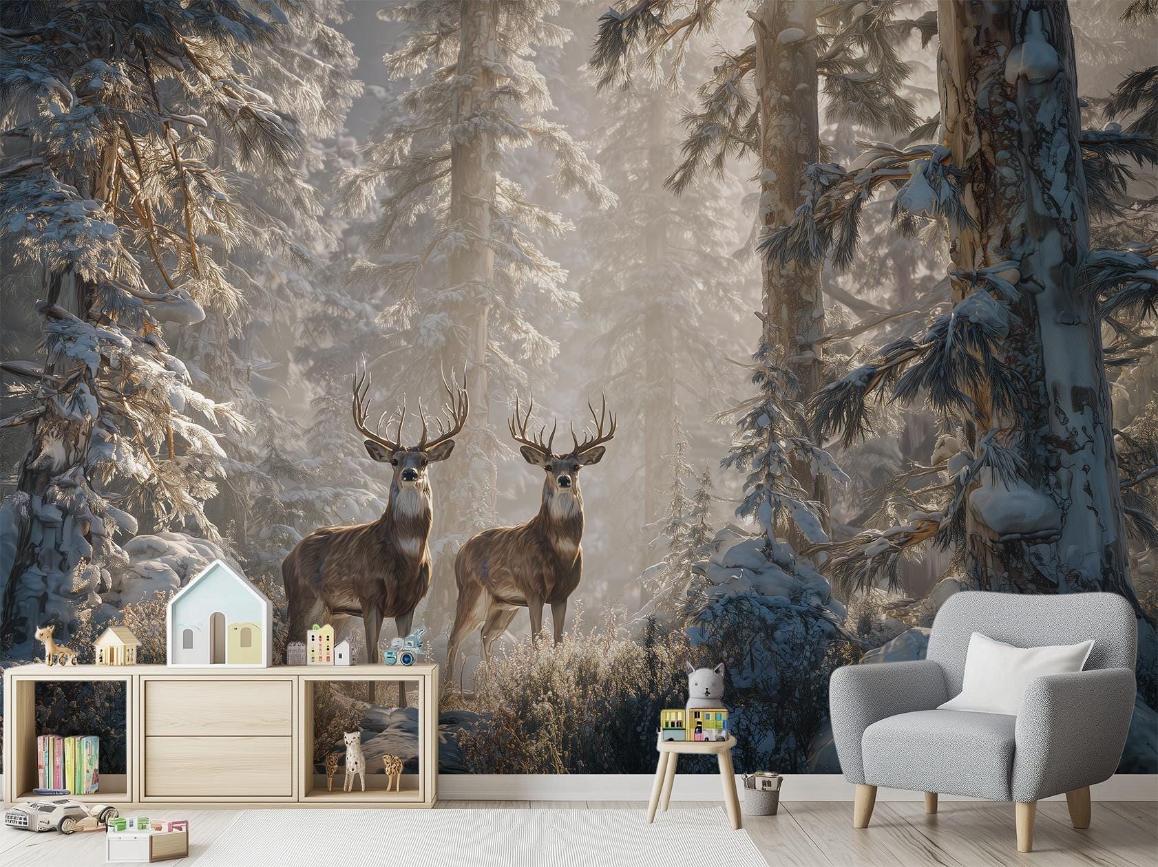 Winter Deer Forest Woodland Coastal Wallpaper – room setting, Golden Era Walls