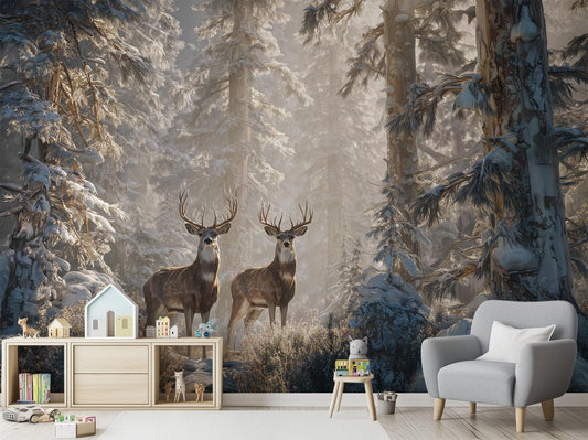 Winter Deer Forest Woodland Coastal Wallpaper – room setting, Golden Era Walls