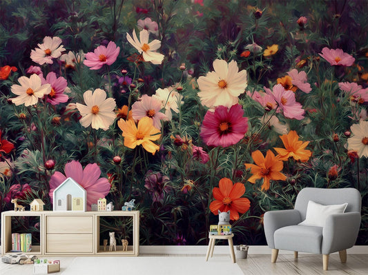 Wildflower Meadow Colorful Cosmos Floral Wallpaper – room setting, Golden Era Walls