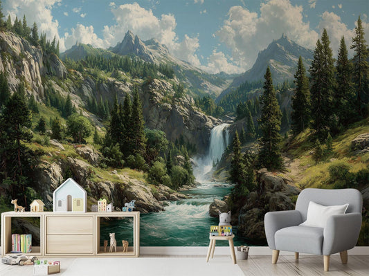 Waterfall Mountain River Pine Coastal Wallpaper – peel and stick wallpaper mural, Golden Era Walls
