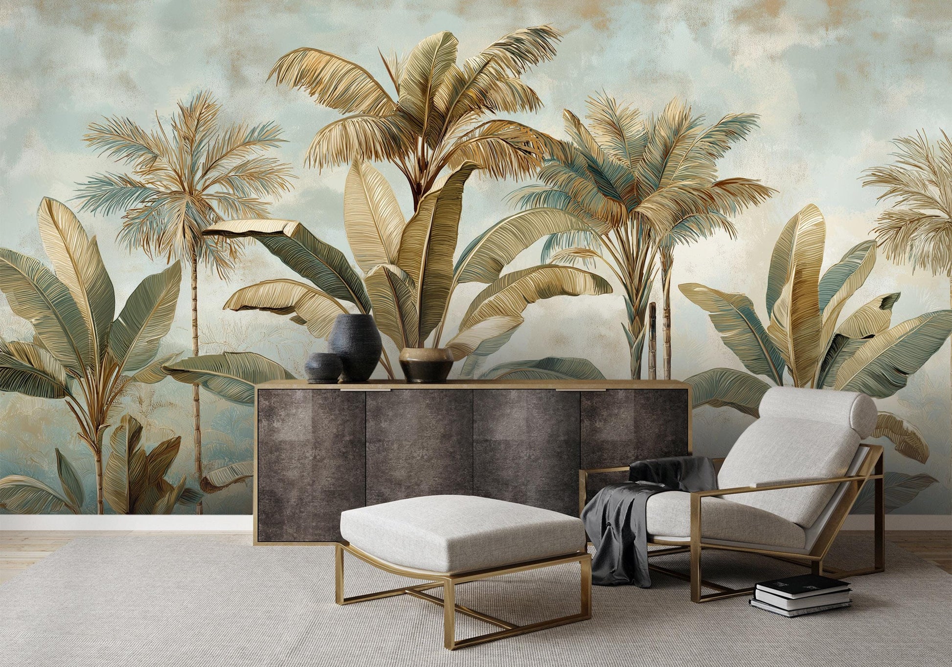 Vintage Tropical Palm Botanical Floral Wallpaper – detail view, Golden Era Walls