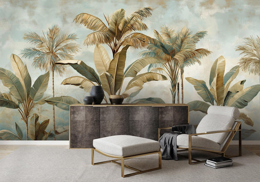 Vintage Tropical Palm Botanical Floral Wallpaper – detail view, Golden Era Walls
