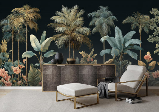 Tropical Rainforest Lush Banana Floral Wallpaper – peel and stick wallpaper mural, Golden Era Walls